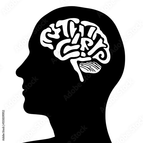 Silhouette head with brain graffiti, creative expression and thought concept