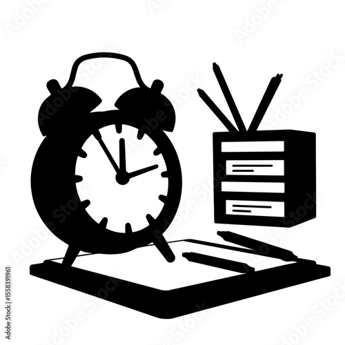 Silhouette of alarm clock and study notes on desk, time management planning