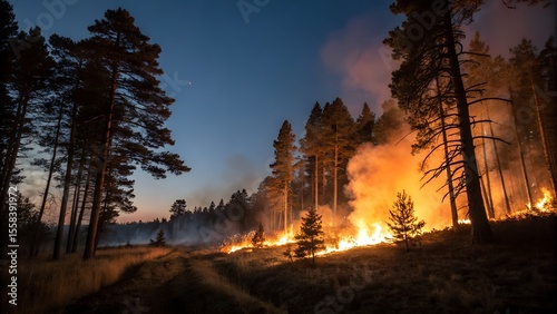 Forest on fire. The woods on fire. Dangerous situation. Natural disaster. 