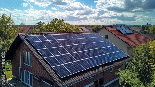 Wallpaper Mural Residential home with rooftop solar panels, showcasing clean energy in a suburban setting.  Sunlight illuminates the panels and surrounding houses, trees, and sky Torontodigital.ca