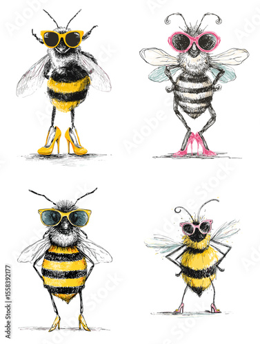 Funny and fashionable bee characters wearing high heels and sunglasses. Great for quirky fashion design, editorial humor, or fun children’s content.

