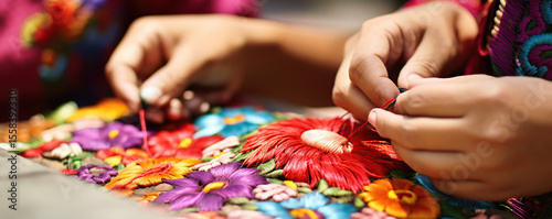 Traditional hand embroidery in vibrant colors crafted by skilled artisans in a lively market setting