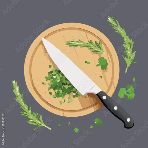 Chef Knife on Wooden Board with Herbs - Vector Illustration