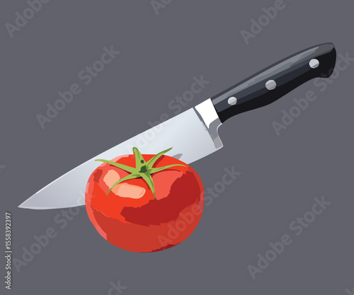 Tomato Cut with Knife Top Angle - Vector Illustration