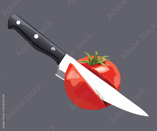 Fresh Tomato Being Sliced by Knife - Vector Illustration