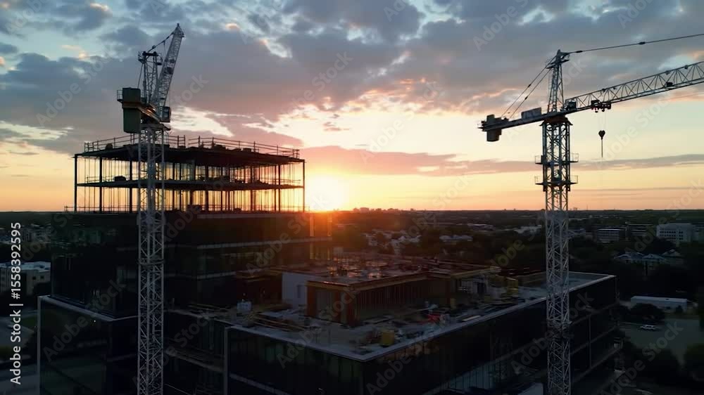 Construction Site Sunset: Cranes, Buildings, and Golden Hour Views Construction Site Sunset: Cranes, Buildings, and Golden Hour Views
