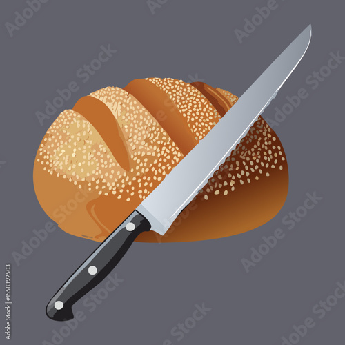 Round Bread Loaf and Serrated Knife - Vector Illustration