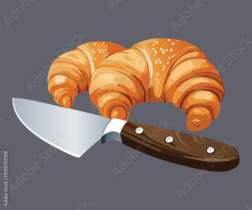 Delicious Croissants and Slicing Knife - Vector Illustration