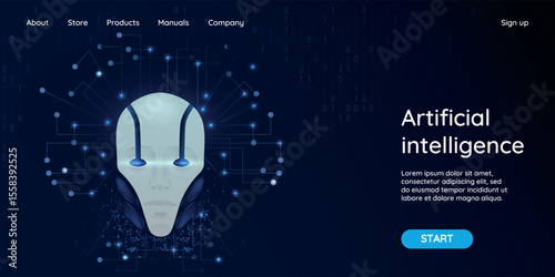 Artificial intelligence landing page background concept or hero banner design with digital humanoid face or cyber head vector illustration. Website template