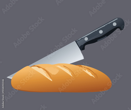 Whole Bread Loaf with Slicing Knife - Vector Illustration