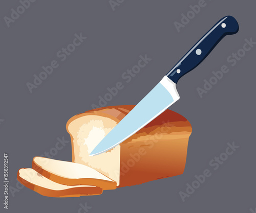 Single Bread Slice with Cutting Knife - Vector Illustration