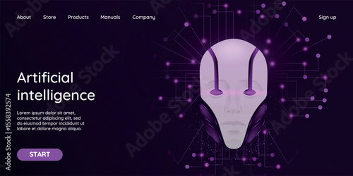 Concept of a landing page background with artificial intelligence or the design of a hero banner with a vector illustration of a cyber head. Mask of artificial intelligence. Vector