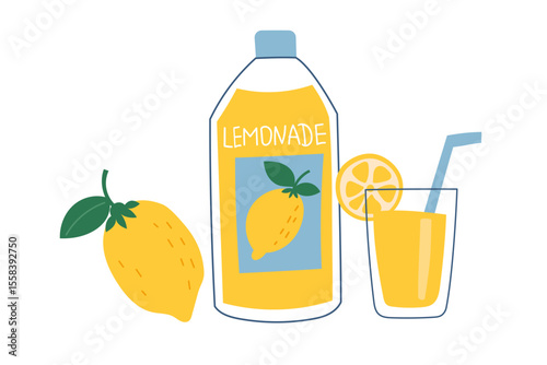 Lemonade bottle with lemon and filled glass. Vector flat style clipart. Concept of drinks, summer, thirst.
