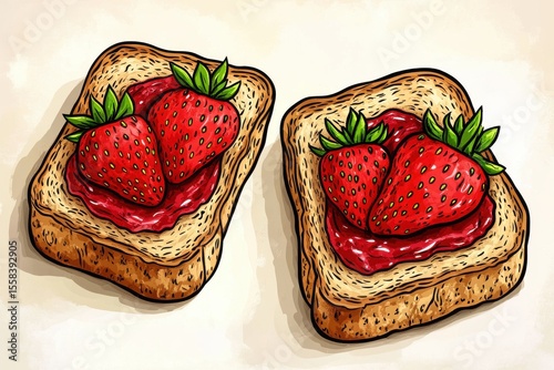 Hand-drawn illustration of delicious toasted bread slices topped with fresh strawberries and strawberry jam, perfect for breakfast or dessert illustrations and culinary designs.