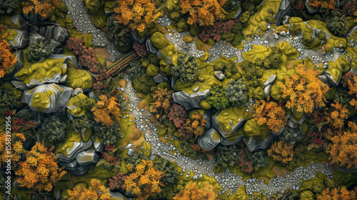 Hyper-realistic DnD battlemap, forest crossroads with rock road, autumn hues, top-down digital art.