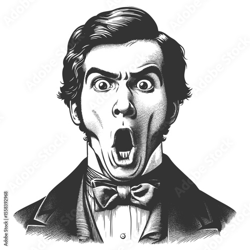 man with wide eyes and puckered lips, expressing shock or amazement in vintage attire sketch engraving generative ai fictional character vector illustration. Scratch board imitation. Black and white.