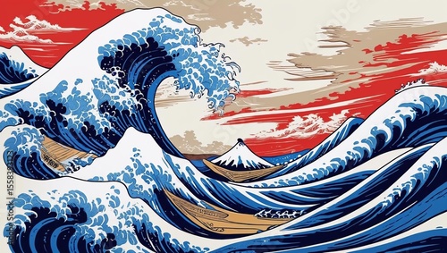 Stylized Great Wave off Kanagawa Blue Red and White Waves with Boats ocean