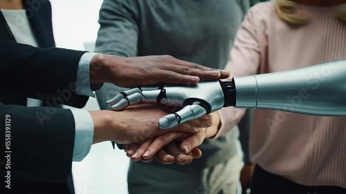 Hands of diverse businesspeople joined by a glowing AI robotic hand, symbolizing unity and collaboration in modern global business and technology.