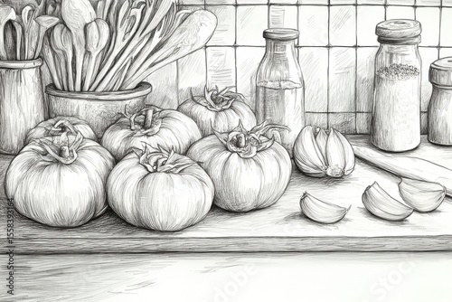 Hand-drawn Sketch of Fresh Vegetables on Kitchen Counter with Tomato Bulbs, Garlic Cloves, and Kitchen Utensils in a Cozy Culinary Environment