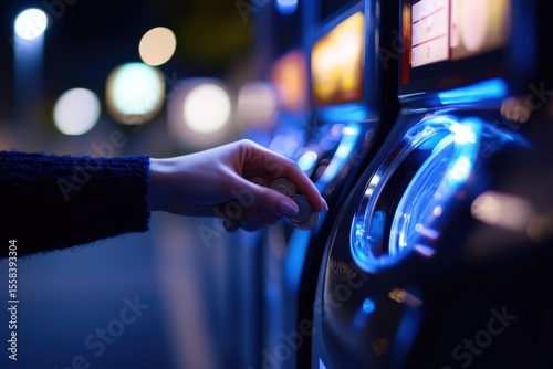 Hand Inserting Coin Into Modern Payment Machine with Blue Lighting at Night, Illustrating Cash Transaction and Technology Use in Urban Environment