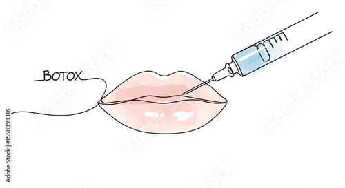  Lips receiving botox filler drawn in a single continuous line ideal for cosmetic clinic branding and aesthetic product packaging - one line doodle drawing with watercolor fill, minimalistic vector 