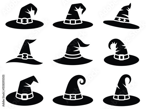 Collection of nine unique witch hat silhouettes in various styles and shapes for Halloween, fantasy themes, decorations, and costumes