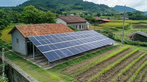 Rural home with solar panel array installed, providing clean energy amidst farmland and rolling hills