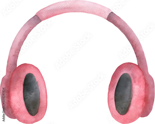 Watercolor pink headphones on transparent background.