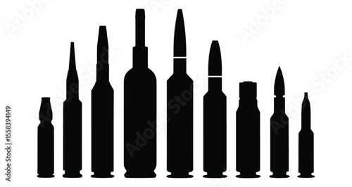 Silhouettes of assorted ammunition types in varying calibers and shapes arranged in a row on white background for firearm themes