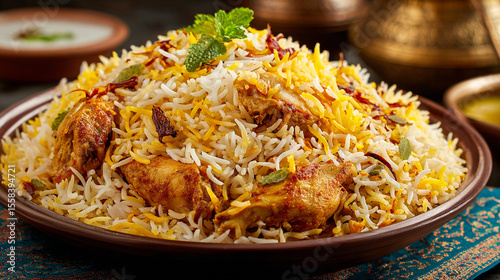 Photorealistic Close-Up of Delicious Chicken Biryani on Plate