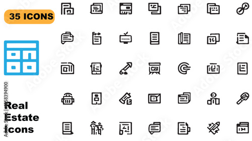 Thirty five real estate related outline icons representing various property and business elements