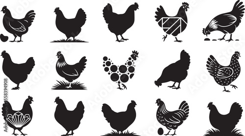 Set of hens black silhouette animal vector illustration icon set collections