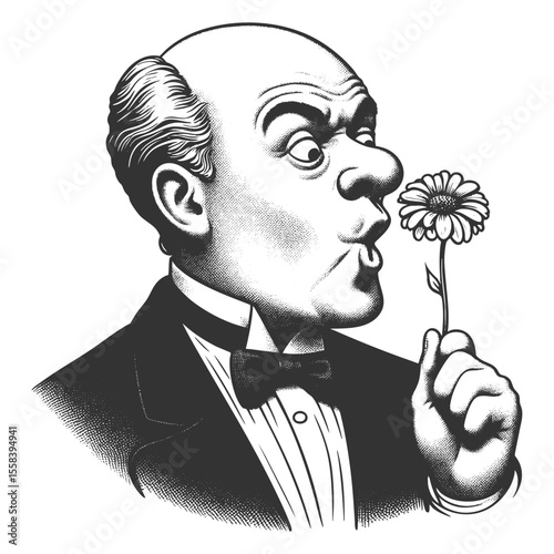 gentleman in formal wear, smelling a single daisy with a whimsical expression sketch engraving generative ai fictional character vector illustration. Scratch board imitation. Black and white image.