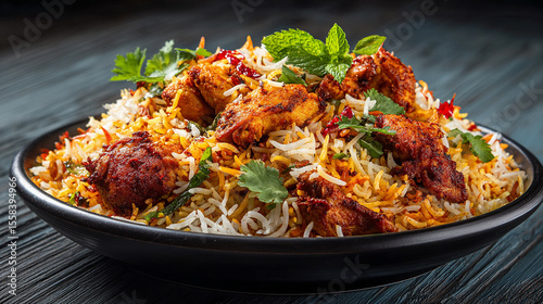 Photorealistic Close-Up of Delicious Chicken Biryani on Plate