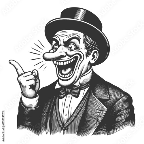 wide-eyed man with a huge grin, top hat, and bowtie pointing excitedly in black and white sketch engraving generative ai fictional character vector illustration. Scratch board. Black and white image.