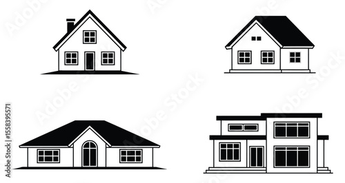 Diverse Residential House Designs Collection Featuring Traditional, Modern, Bungalow, and Contemporary Architecture on White Background