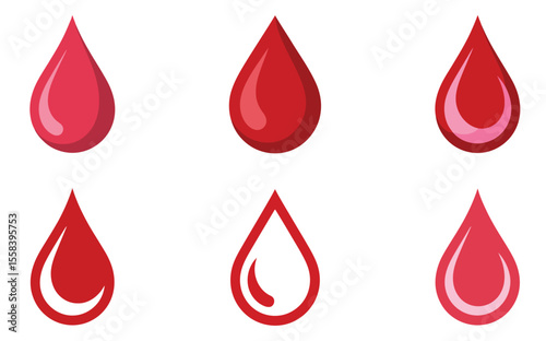Minimalist vector set of six red blood drop icons in glossy, flat, and shaded styles for healthcare, donation, and medical design themes