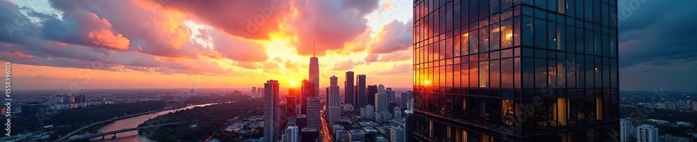 Fototapeta premium Melbourne Office Tower Sunset Reflection Sleek Modern Architecture and Cityscape