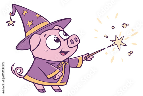 Vector cute Pig cartoon character, wizard's robe, casting a spell, magical glow, sparkling effects, fantasy elements, isolated on white background