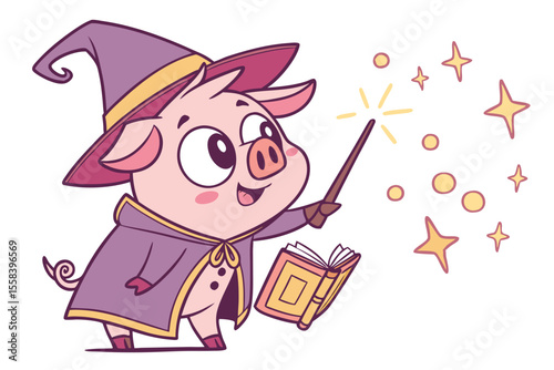 Vector cute Pig cartoon character, wizard's robe, casting a spell, magical glow, sparkling effects, fantasy elements, isolated on white background