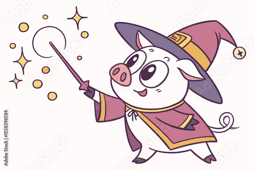 Vector cute Pig cartoon character, wizard's robe, casting a spell, magical glow, sparkling effects, fantasy elements, isolated on white background