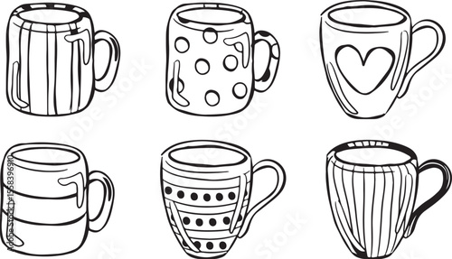 Coffee Mug Sketch Vector | Cups, Tea, Dots, Stripes, Handdrawn Pottery, Cozy Drinkware