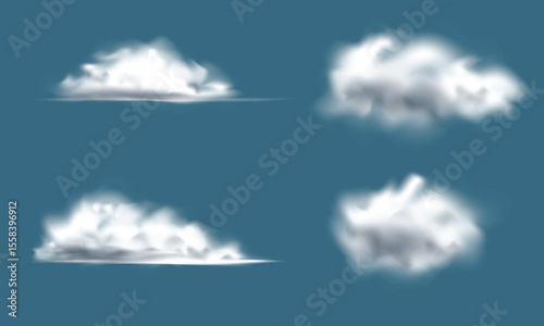 Realistic clouds isolated on blue background. Cloudy sky, cloudscape atmosphere. Smoke, fog, weather elements. Vector