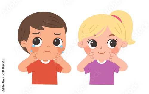 A sad boy with tears and a smiling girl showing opposite emotions while standing side by side, expressing feelings with finger gestures.