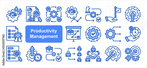 Productivity management editable stroke icon set, with Efficiency, KPI, Performance metrics, Continuous improvement, Resource allocation, Time allocation, Workflow.