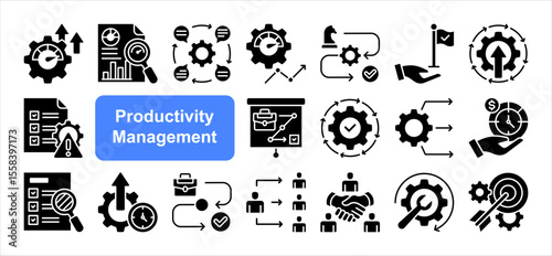 Productivity management editable stroke icon set, with Efficiency, KPI, Performance metrics, Continuous improvement, Resource allocation, Time allocation, Workflow.