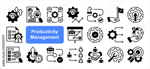 Productivity management editable stroke icon set, with Efficiency, KPI, Performance metrics, Continuous improvement, Resource allocation, Time allocation, Workflow.