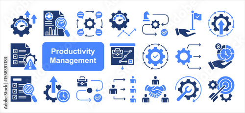 Productivity management editable stroke icon set, with Efficiency, KPI, Performance metrics, Continuous improvement, Resource allocation, Time allocation, Workflow.