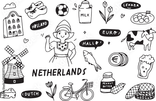Netherlands Doodle Vector | Hand-Drawn Dutch Culture, Windmill, and Travel Icons Sketch


