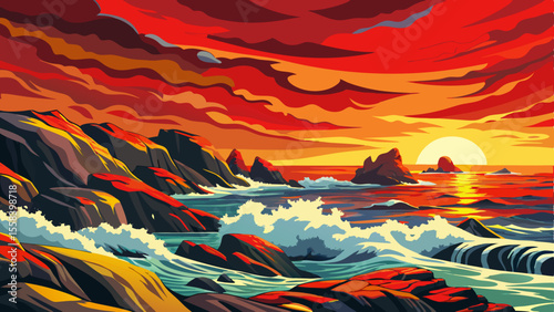 rocky beach with sea waves and stones vector illustration